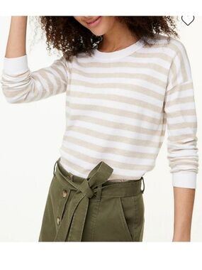 J Crew Sweater Crewneck Long Sleeve Tan Sand Fawn Stripe L Large Drop Shoulder